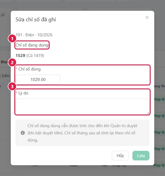 Sửa chỉ số đã ghi